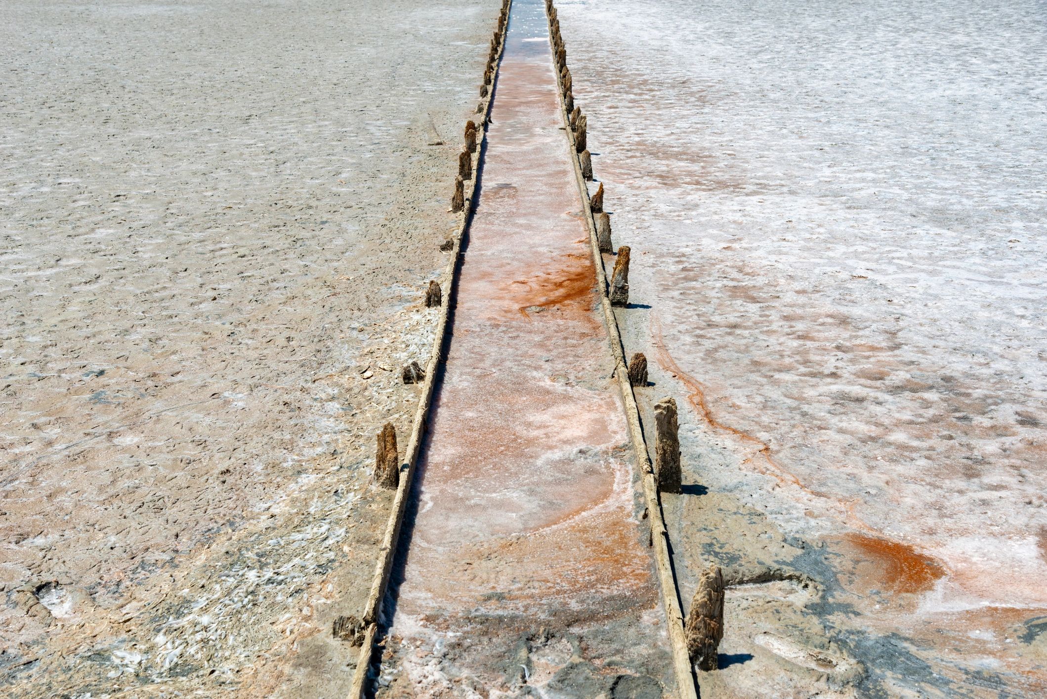 Pink salt production and harvesting scene